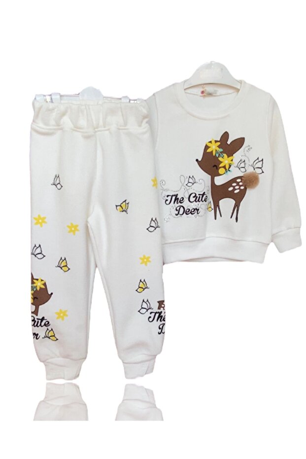 Girl's Shiny Stone Embroidered Pompom Cute Deer Printed Bottom / Top Sweatshirt Set