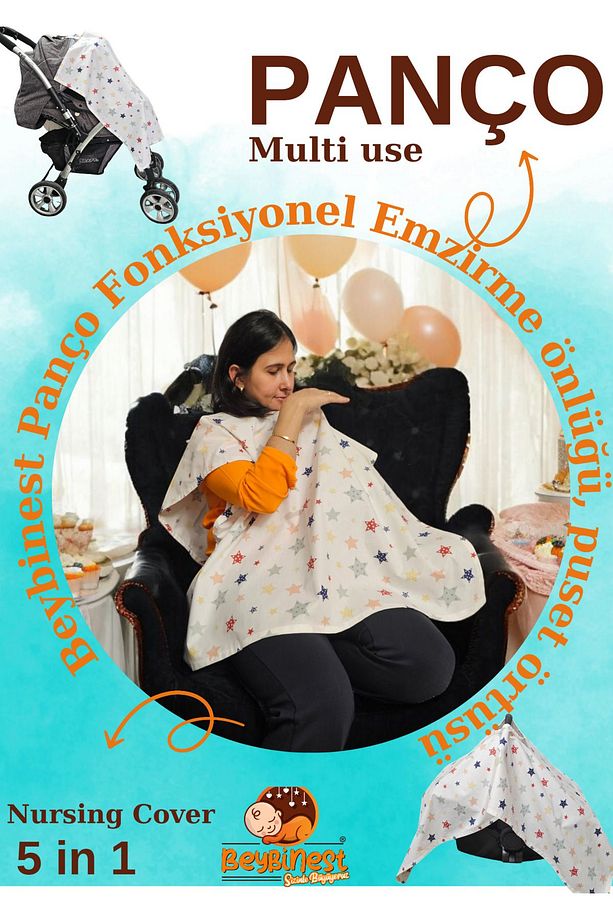 Fonksiyonel Panço Emzirme Örtüsü Puset Örtüsü Bebek Arabası Örtüsü  Renkli Yıldızlar - 1