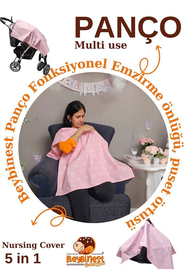 Fonksiyonel Panço Emzirme Örtüsü Puset Örtüsü Bebek Arabası Örtüsü  Pembe Yıldızlar - 1