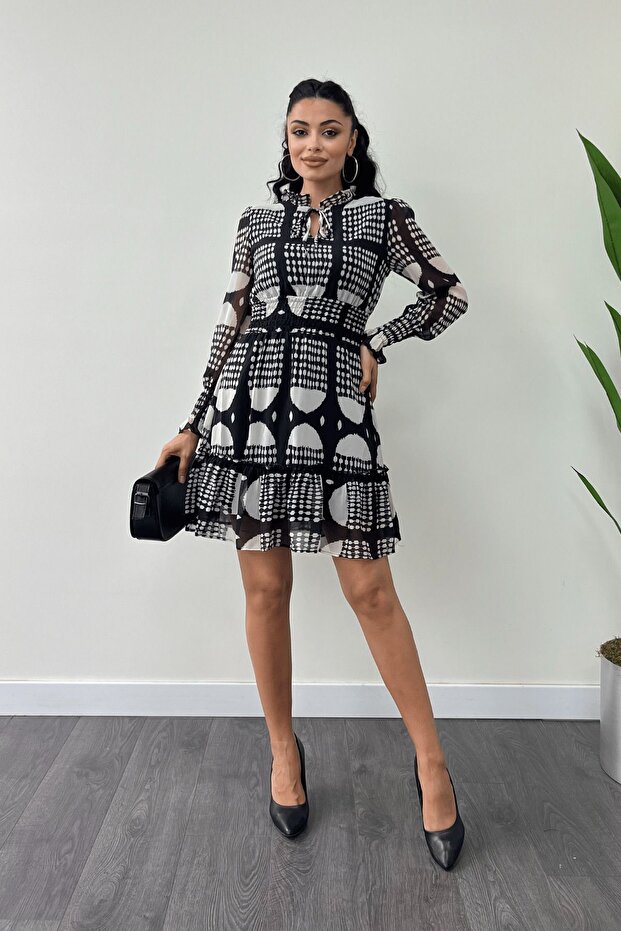Chiffon Fabric Mini Dress with Elastic Waist Detail - Black