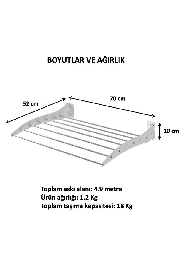 Roma Çamaşır Kurutma Askısı - 70 cm Antrasit - Duvara Monte Katlanabilir Kurutmalık - 7