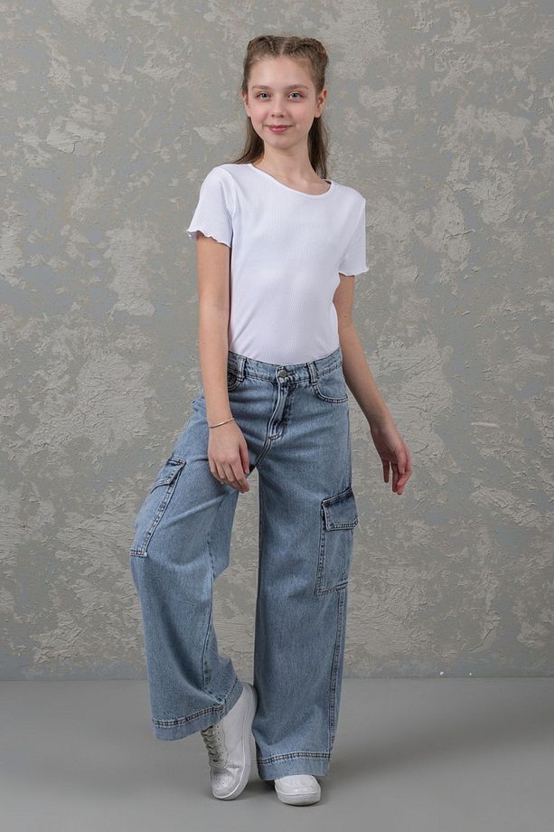 Premium Kargo Cepli Geniş Paça Likralı Jean Denim Mavi Kız Çocuk Pantolon - 3