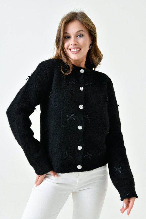Women's Acrylic Stylish Button Design Black Knitwear Cardigan with Bow Detail 1041