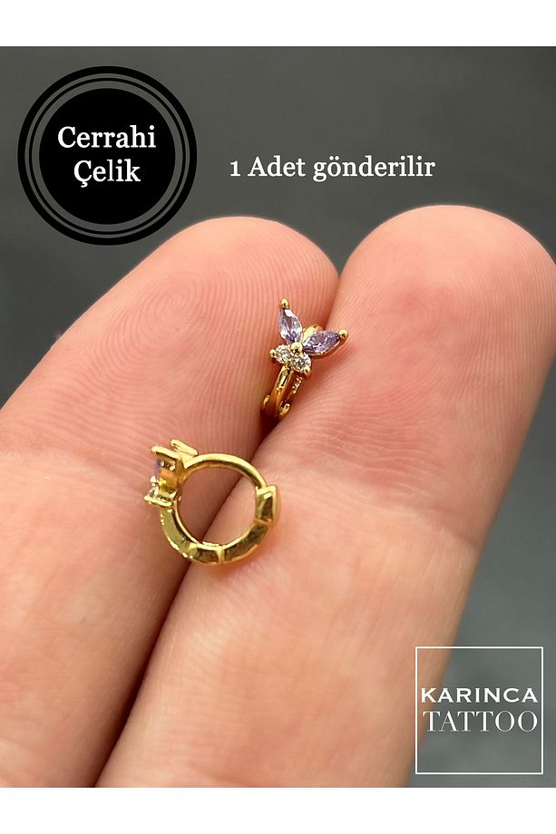 Kelebek Halka Mor Taşlı Piercing Rook Daith Forward Helix Snug Küçük Tragus Piercing Küpe - 3