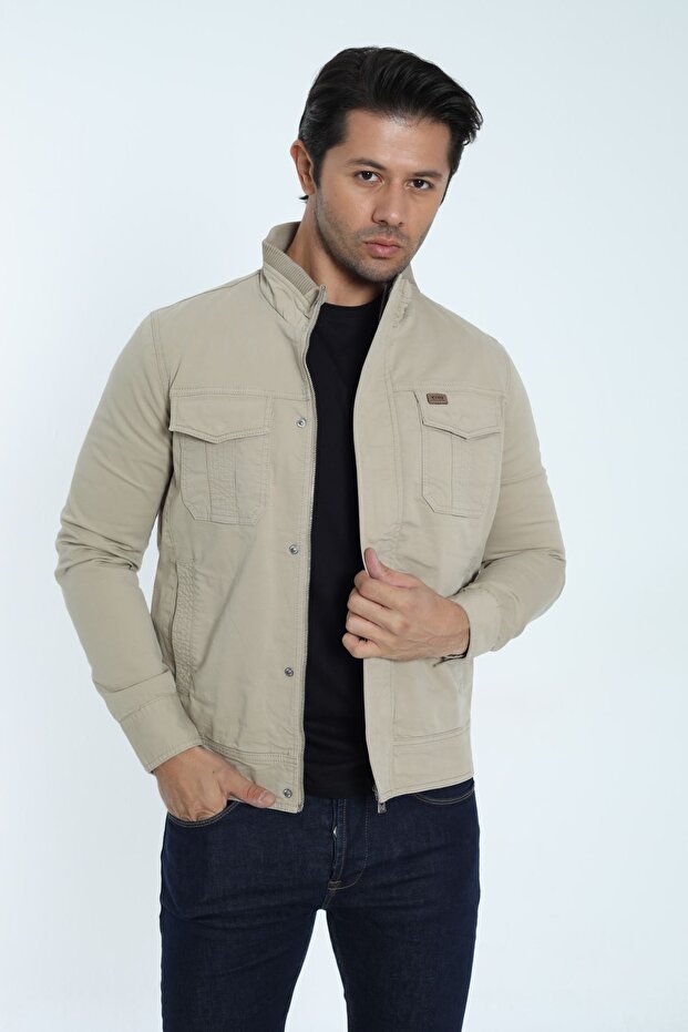 Men's Seasonal Coat Jacket Beige Snap and Zipper 4 Pockets 100% Cotton Fabric