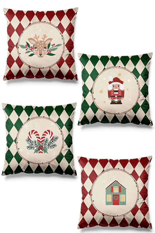 Double Sided Printed Candy Christmas Patterned Set of 4 Suede Throw Pillow Cover New Year - Christmas