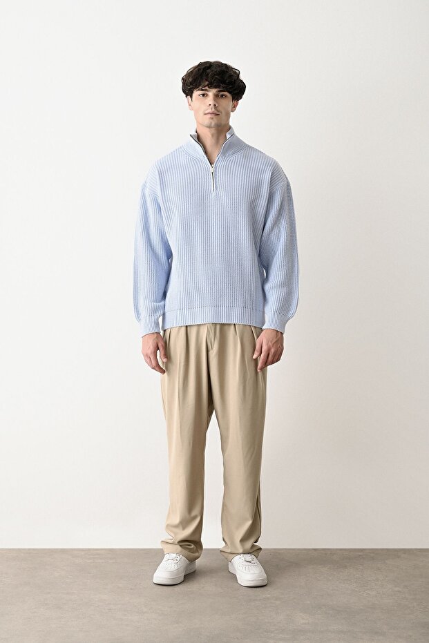 Fermuarlı Bebe Mavi Dik Yaka Basic Oversize Kazak - 3