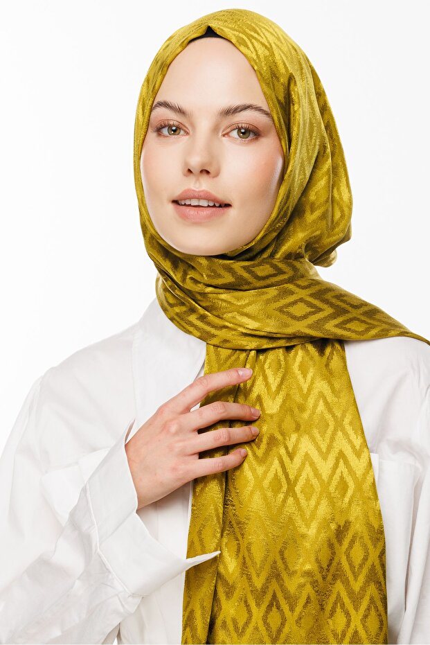 شال جاكار لامع بنمط بلاط أخضر زيتوني