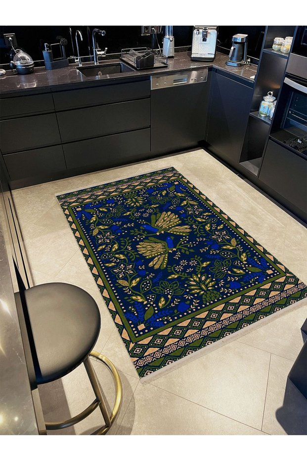 Atlas Collection Navy Blue and Green Theme Ivy and Bird Patterned Modern Decorative Carpet 33