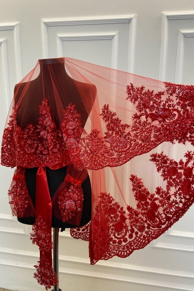 Red Vip Luxury Bridal Veil Set, Wide Appliqued Henna Night Veil 6 Piece Set