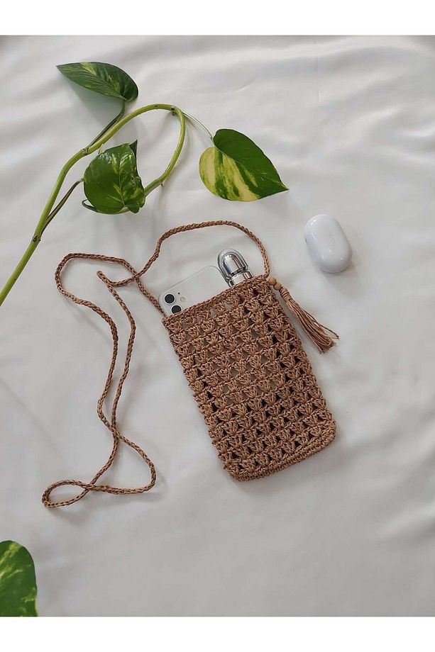 Hasır Telefon Çantası, El Örgüsü Çarpraz Çanta - 1