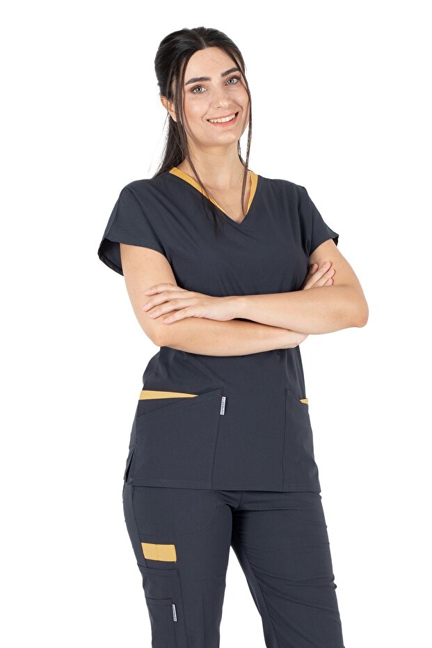 طقم قميص طبيب وممرضة من القماش الرقيق من Twin Flex Anthracite من الليكرا