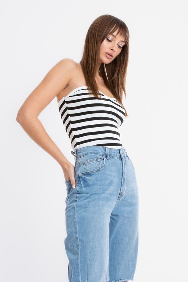Şeritli Straplez Örme Crop Top - 4