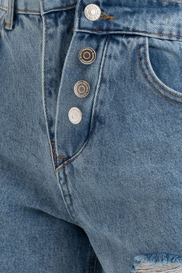 Düğme Detaylı Yüksek Bel Çift Katlı Denim Şort - 5