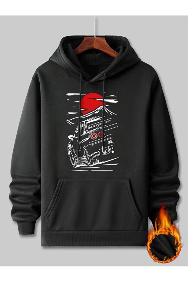 Unisex Car in Sunset Printed Oversize Winter 3 Thread 100% Cotton Hooded Sweatshirt Hoodie