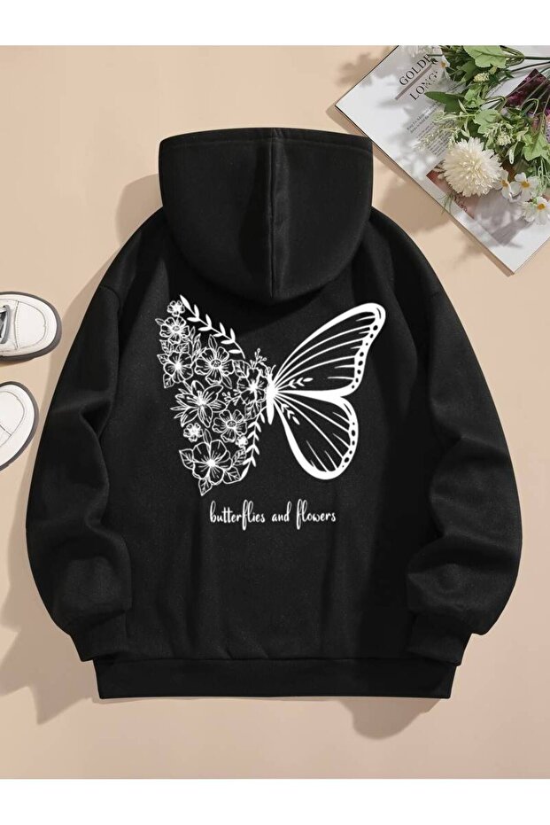Children's Flower and Butterfly Printed Oversize Winter 3 Thread 100% Cotton Hooded Sweatshirt