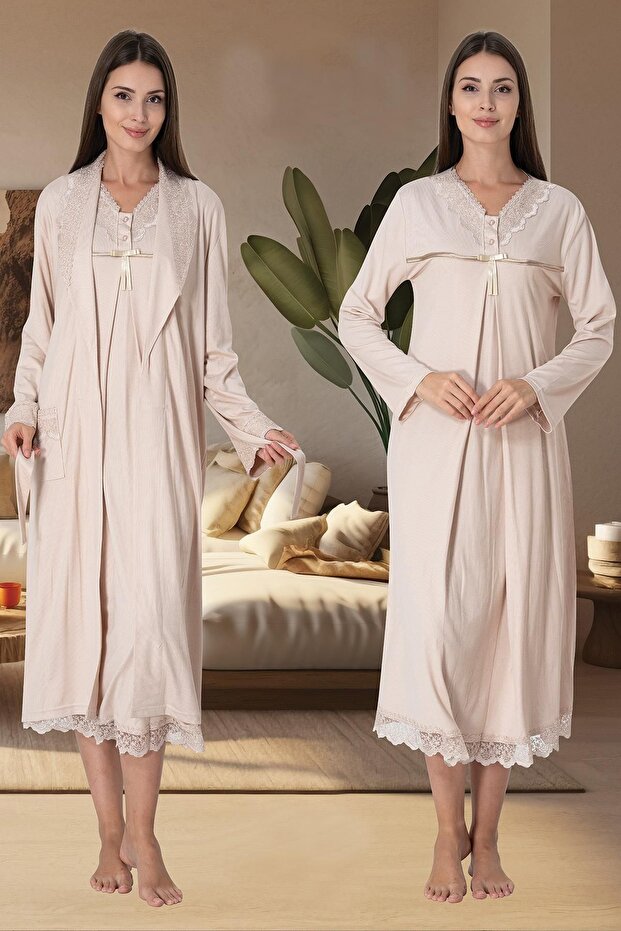 Maternity Nightgown Set with Hidden Breastfeeding Feature, Milk Coffee Color, and Robe