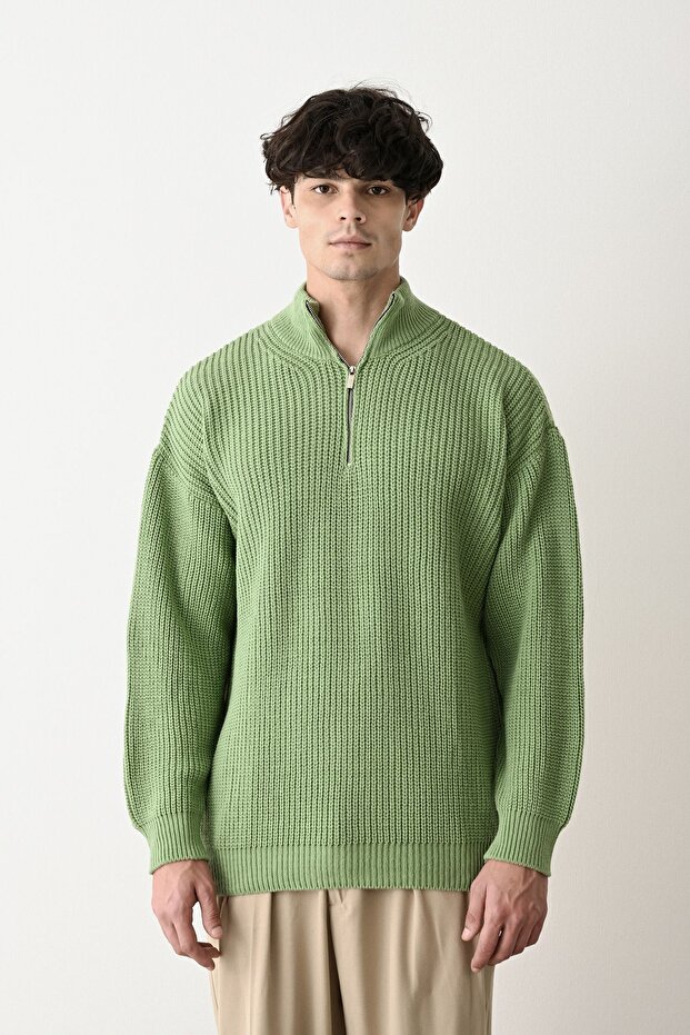 Fermuarlı Yeşil Dik Yaka Basic Oversize Kazak - 1
