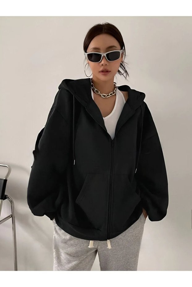 Hooded Zippered Oversize Seasonal Sweatshirt