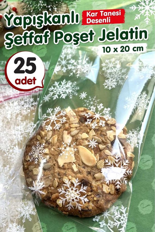Kar Tanesi Desenli Bantlı Yapışkanlı Şeffaf Poşet Jelatin 10x20 Cm 25 adet -T1060 - 2