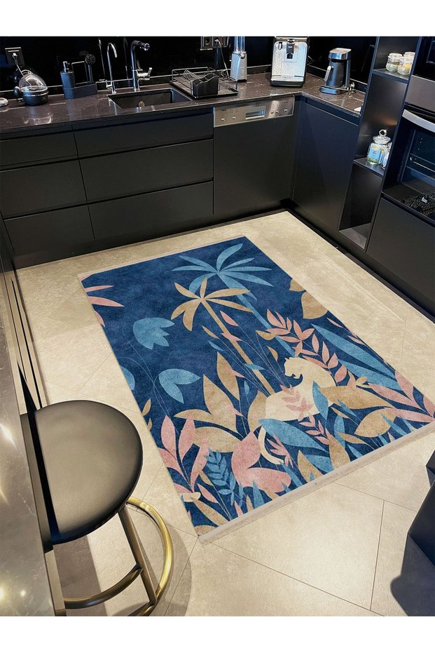 Atlas Collection Navy Blue Themed Abstract Palm Trees Patterned Modern Decorative Carpet 39