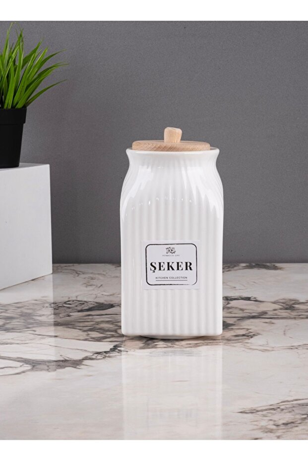 1000 ml Bamboo Vacuum Porcelain Candy Jar with Vacuum Lid