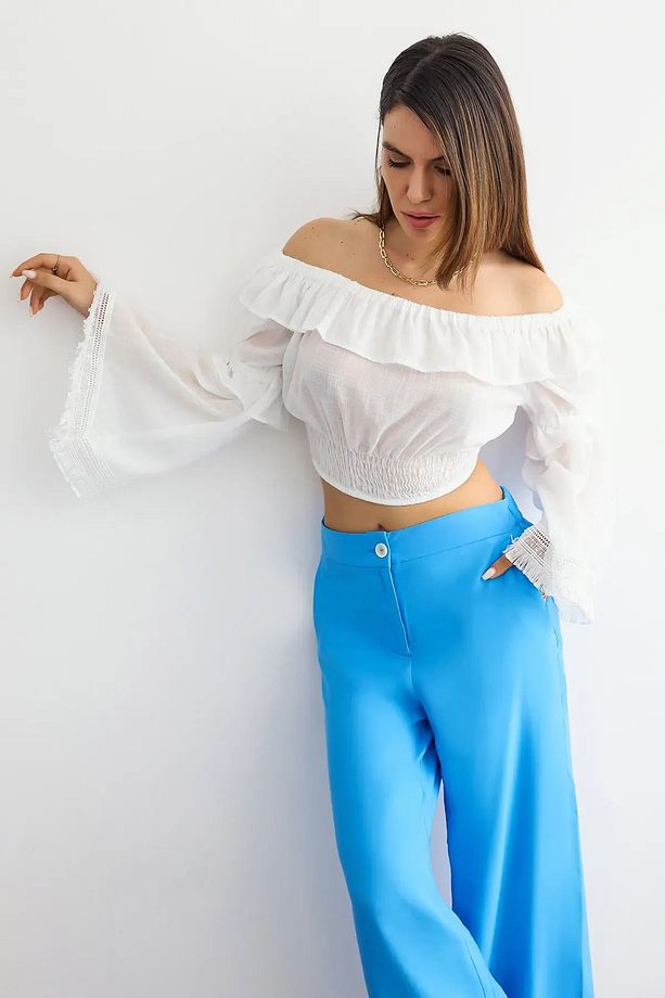 Düşük Omuz Şifon Volanlı Crop Bluz - 3