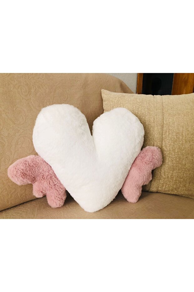 Rabbit Hair Heart Winged Soft White Plush Pillow