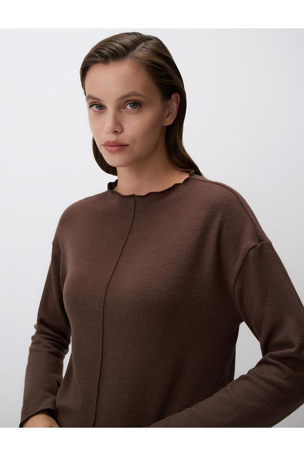 Kahve Melanj Düz Kesim Kayık Yaka Örme Sweatshirt - 5
