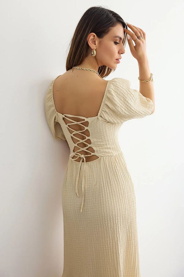 Muslin Bağcıklı Maxi Elbise - 4