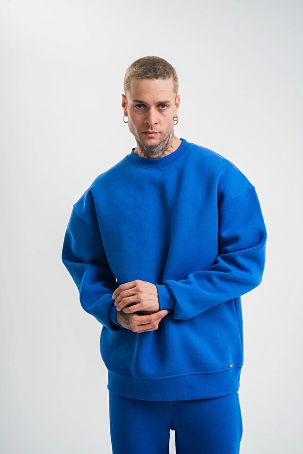 Uzun Kol Bisiklet Yaka Basic SweatShirt - Mavi - 5