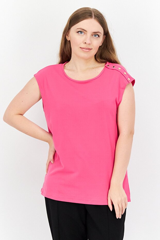 Women Round Neck Cap Sleeve Solid Shirt, Fuchsia