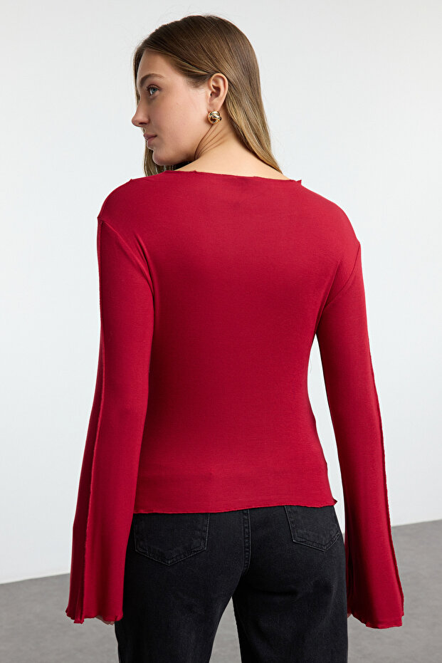 Bordo Nervür Detaylı Fitted/Vücuda Oturan İspanyol Kol Örme Bluz TWOAW25BZ00244 - 5