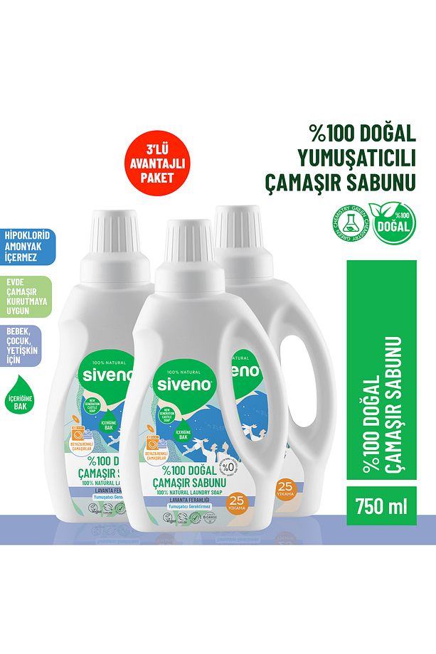 %100 Doğal Çamaşır Sabunu %100 Bitkisel Deterjan Yumuşatıcı Gerektirmez Konsantre 750 ml X 3 Adet - 1