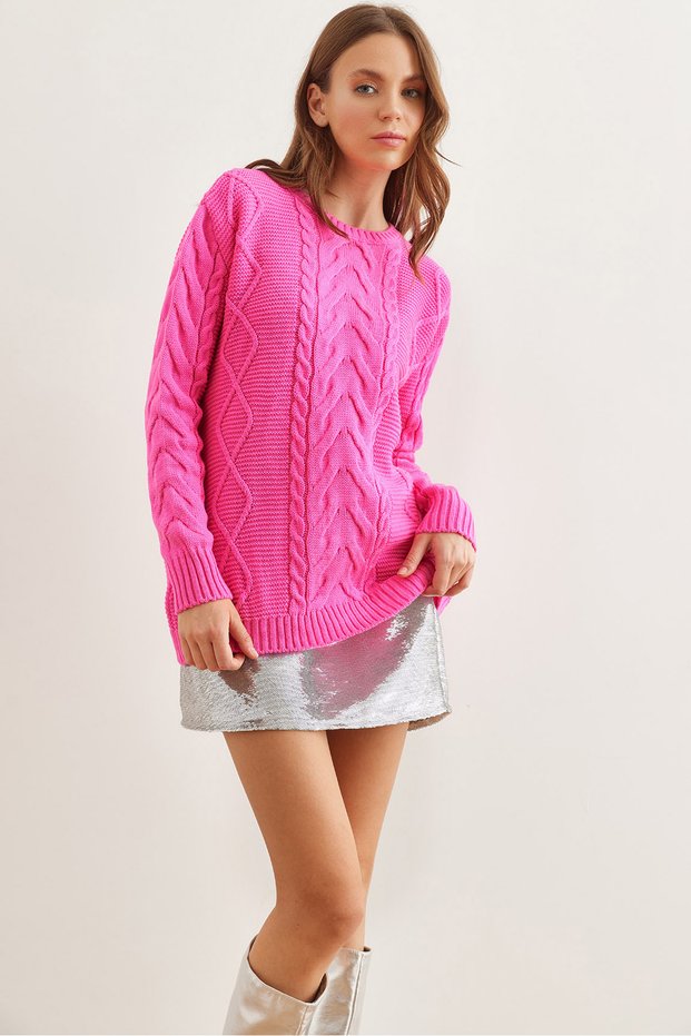 Women's Fuchsia Knitwear Sweater with Front Hair Braid Detail Kzk-19000831
