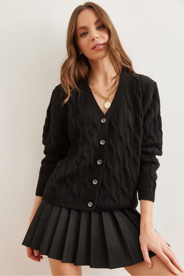 Women's Black Braided Knitwear Cardigan Hrk-19000298