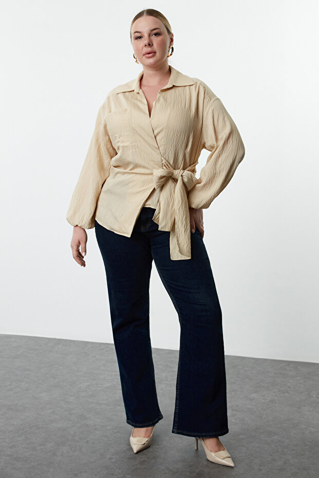Stone Textured Double Breasted Tie Shirt Collar Woven Plus Size Blouse Tbbaw25Af00036