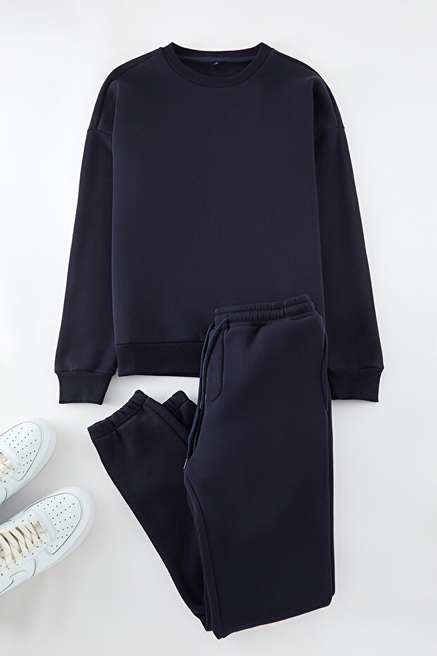 Lacivert Oversize Sweatshirt Regular Eşofman Altı ve Regular Erkek Şort 3'lü Takım TEDAW25EM00003 - 3