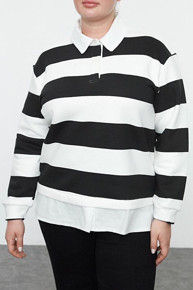 Siyah-Beyaz Çizgili Alttan Gömlek Çıkmalı Örme Büyük Beden Sweatshirt TBBAW25SW00000 - 7