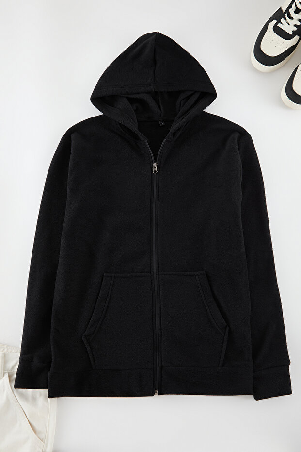 Siyah Regular/Normal Kesim Basic Fermuarlı Sıcak Tutan Polar Hırka/Sweatshirt TMNAW25SW00183 - 1