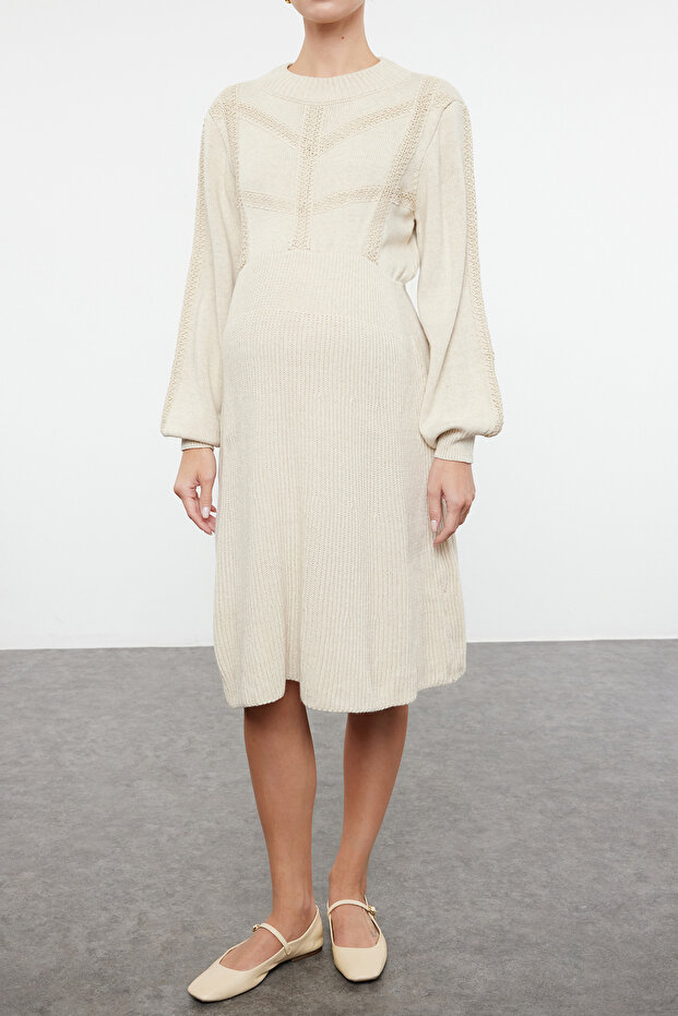 Béžové pletené podrobné žebrované šaty pro větší velikost a těhotenské pletené šaty Tbbaw24Ah00018 - 5