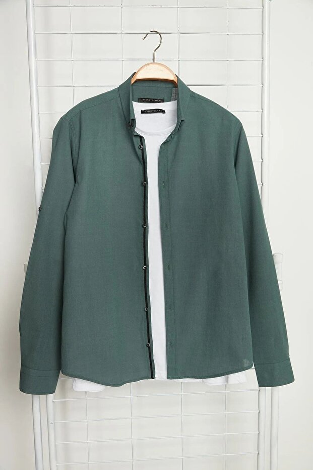 Koyu Yeşil Düğmeli Yaka Apoletli Slim Fit Uzun Kol %100 Pamuklu Keten Görünümlü Gömlek TMNSS20GO0189 - 16