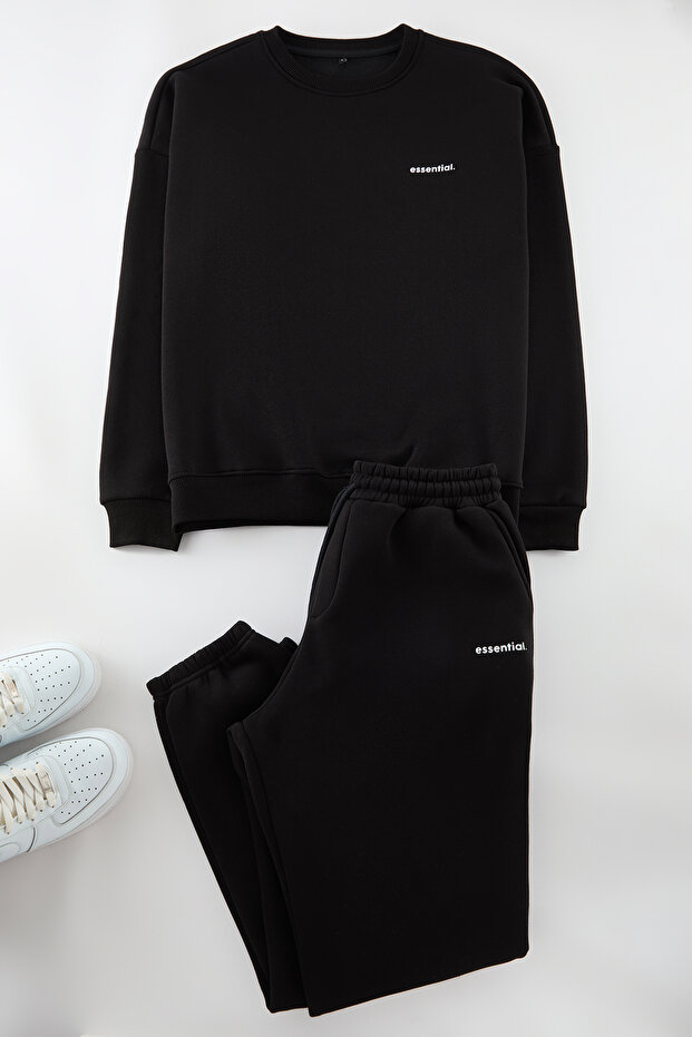 Siyah Regular Kesim Yazı Baskılı Sıcak Tutan Sweatshirt Eşofman Takım TMNAW24EM00004 - 11