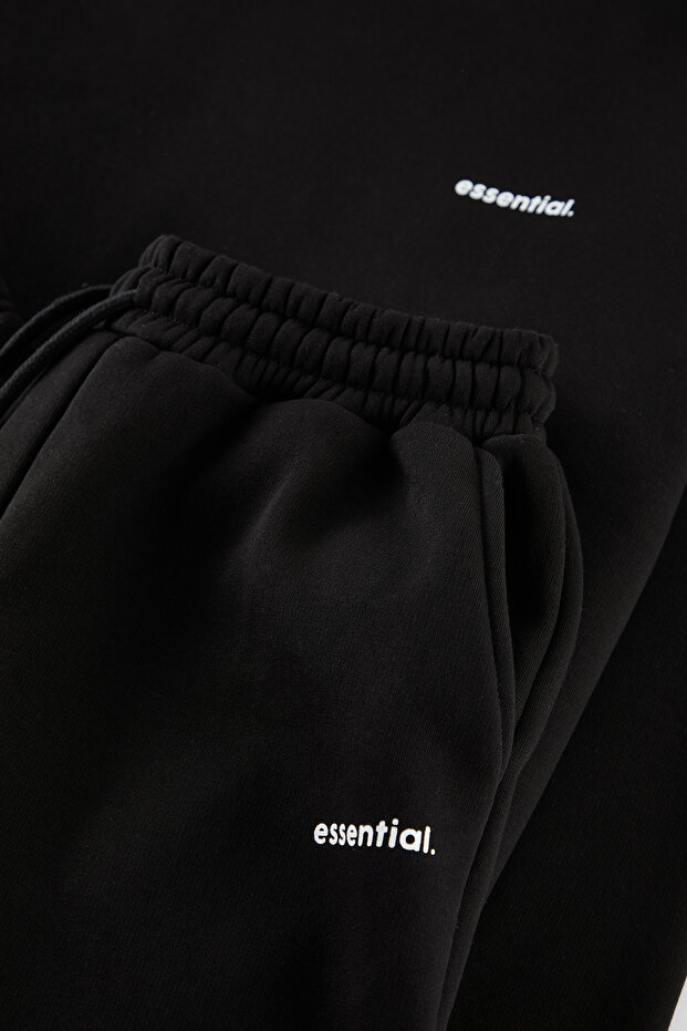 Siyah Regular Kesim Yazı Baskılı Sıcak Tutan Sweatshirt Eşofman Takım TMNAW24EM00004 - 12