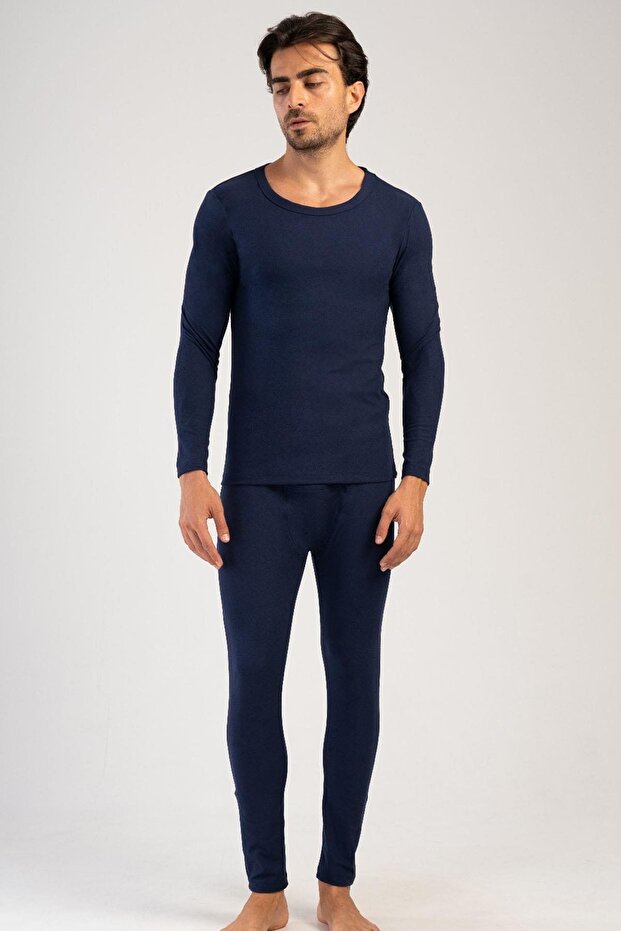 Men's Long Sleeve Boat Neck Thermal Underwear Set 405158 Navy Blue