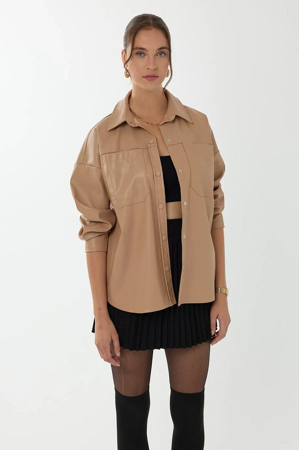 Suni Deri Oversized Gömlek - 3