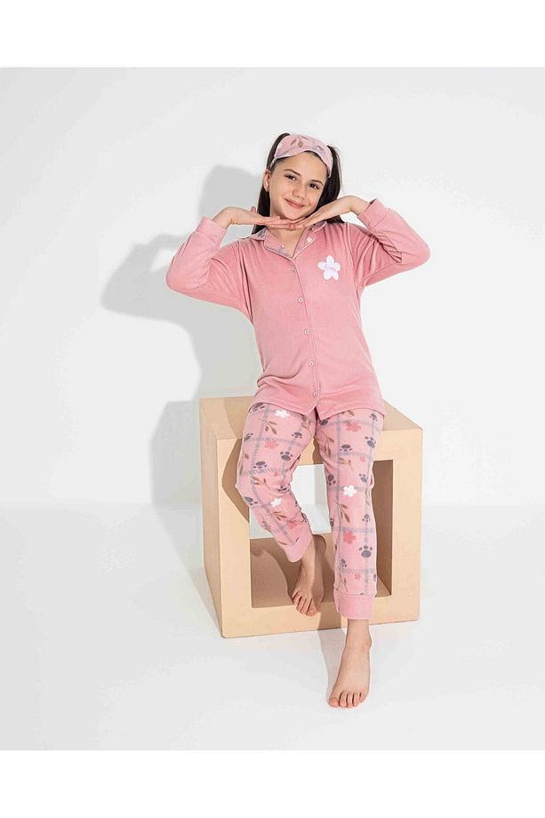 kız genç ve çocuk pudra reng çiçek Desenli Önden Düğmeli Uzun Kollu - Polar Pijama Takımı - 1