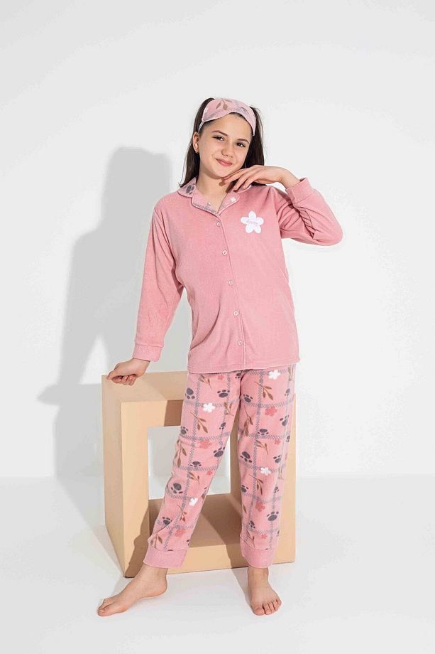 kız genç ve çocuk pudra reng çiçek Desenli Önden Düğmeli Uzun Kollu - Polar Pijama Takımı - 3