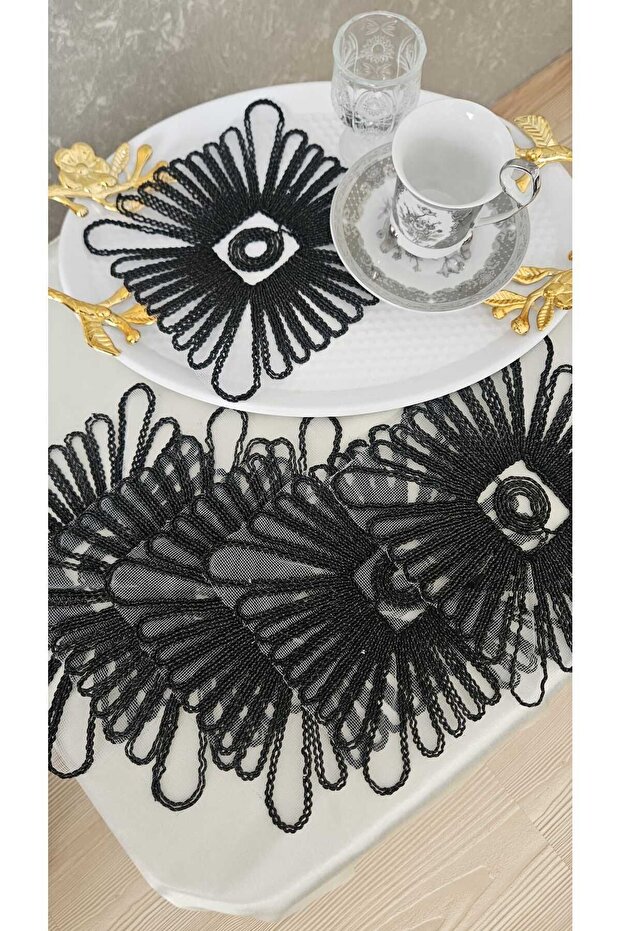 Set of 6 Coffee Side Stylish Presentation Napkins with Tulle Guipure