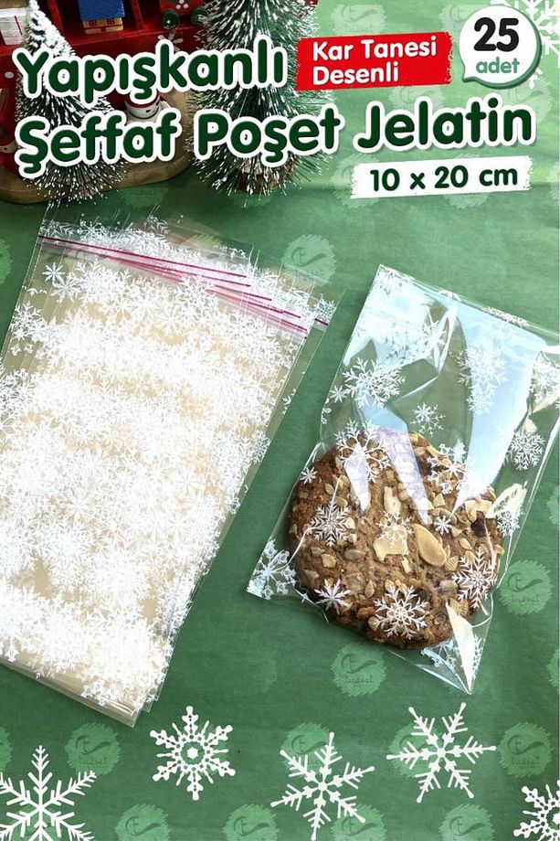 Kar Tanesi Desenli Bantlı Yapışkanlı Şeffaf Poşet Jelatin 10x20 Cm 25 adet -T1060 - 3